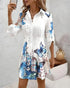 Butterfly Print Turn-down Collar Long Sleeve Casual Shirred Shirt Dress white