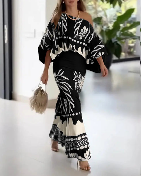 2 Pieces Outfit Tropical Print Lantern Sleeve Cold Shoulder Loose Top and Casual High Waist Fishtail Maxi Skirt Set black