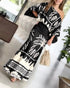 2 Pieces Outfit Tropical Print Lantern Sleeve Cold Shoulder Loose Top and Casual High Waist Fishtail Maxi Skirt Set black