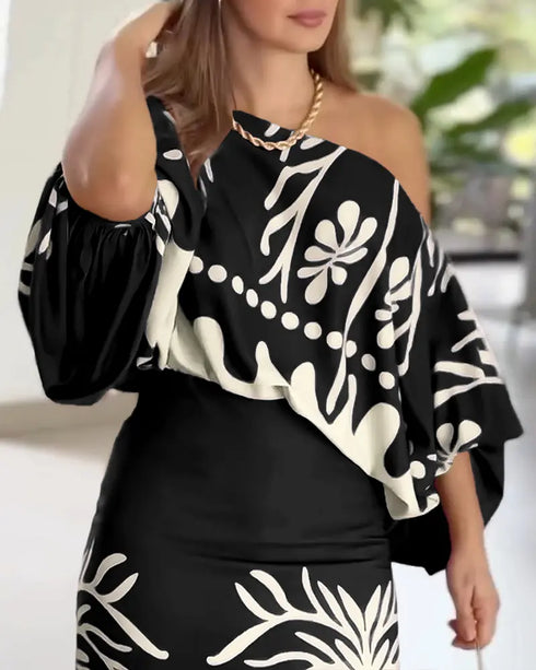 2 Pieces Outfit Tropical Print Lantern Sleeve Cold Shoulder Loose Top and Casual High Waist Fishtail Maxi Skirt Set black