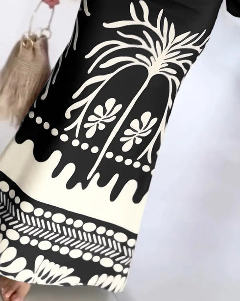 2 Pieces Outfit Tropical Print Lantern Sleeve Cold Shoulder Loose Top and Casual High Waist Fishtail Maxi Skirt Set black