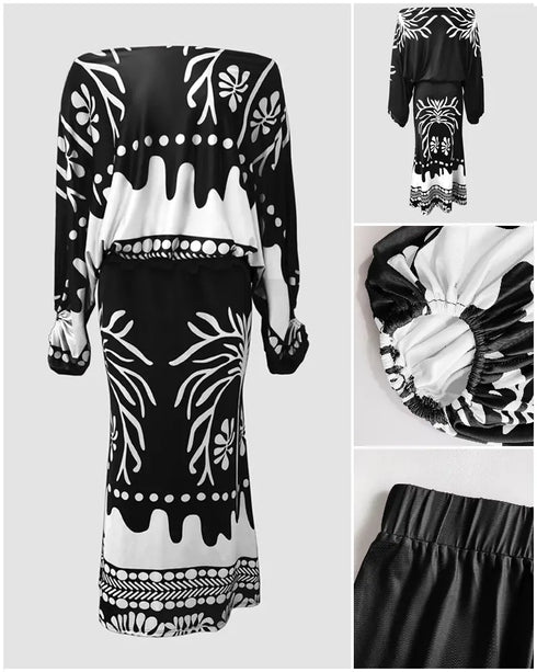 2 Pieces Outfit Tropical Print Lantern Sleeve Cold Shoulder Loose Top and Casual High Waist Fishtail Maxi Skirt Set black
