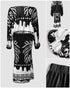 2 Pieces Outfit Tropical Print Lantern Sleeve Cold Shoulder Loose Top and Casual High Waist Fishtail Maxi Skirt Set black