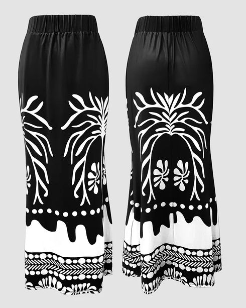 2 Pieces Outfit Tropical Print Lantern Sleeve Cold Shoulder Loose Top and Casual High Waist Fishtail Maxi Skirt Set black