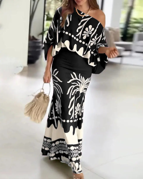 2 Pieces Outfit Tropical Print Lantern Sleeve Cold Shoulder Loose Top and Casual High Waist Fishtail Maxi Skirt Set black