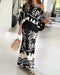 2 Pieces Outfit Tropical Print Lantern Sleeve Cold Shoulder Loose Top and Casual High Waist Fishtail Maxi Skirt Set black