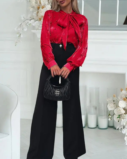 Tie Neck Beaded Long Sleeve Tied Detail Blouses Casual Shirts red