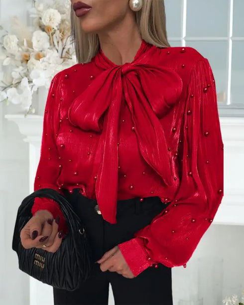 Tie Neck Beaded Long Sleeve Tied Detail Blouses Casual Shirts red