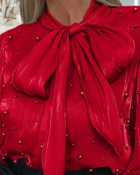 Tie Neck Beaded Long Sleeve Tied Detail Blouses Casual Shirts red