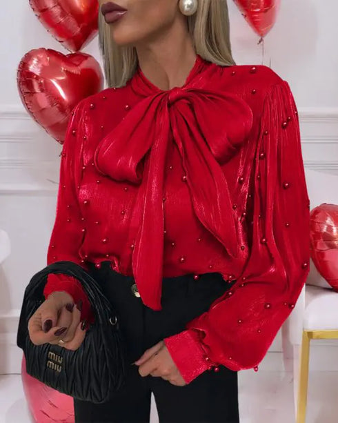 Tie Neck Beaded Long Sleeve Tied Detail Blouses Casual Shirts red