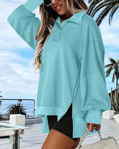 Polo Collar Long Sleeve Sweatshirt Loose Fit Side Slit Dip Hem Casual Top blue