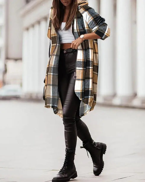 Plaid Pattern Shacket Full Zip Up Pocket Design Oversized Longline Casual Hooded Coats brown