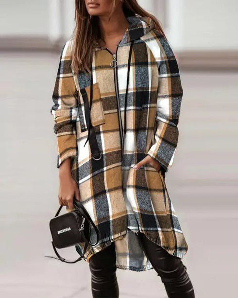 Plaid Pattern Shacket Full Zip Up Pocket Design Oversized Longline Casual Hooded Coats brown