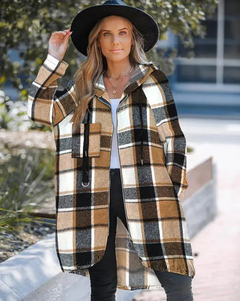 Plaid Pattern Shacket Full Zip Up Pocket Design Oversized Longline Casual Hooded Coats brown