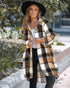 Plaid Pattern Shacket Full Zip Up Pocket Design Oversized Longline Casual Hooded Coats brown