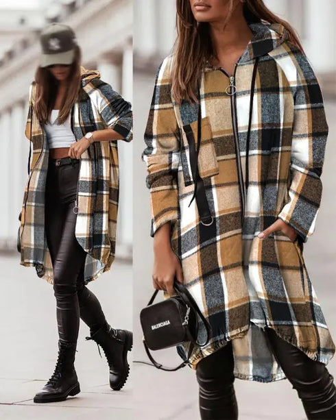 Plaid Pattern Shacket Full Zip Up Pocket Design Oversized Longline Casual Hooded Coats brown