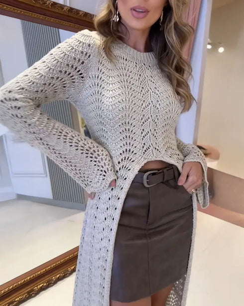 Round Neck Asymmetrical Hem Hollow Out Knitted Sweater Casual Scallop Trim Bell Sleeve Top Apricot