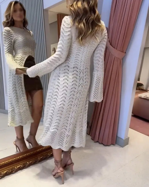 Round Neck Asymmetrical Hem Hollow Out Knitted Sweater Casual Scallop Trim Bell Sleeve Top Apricot