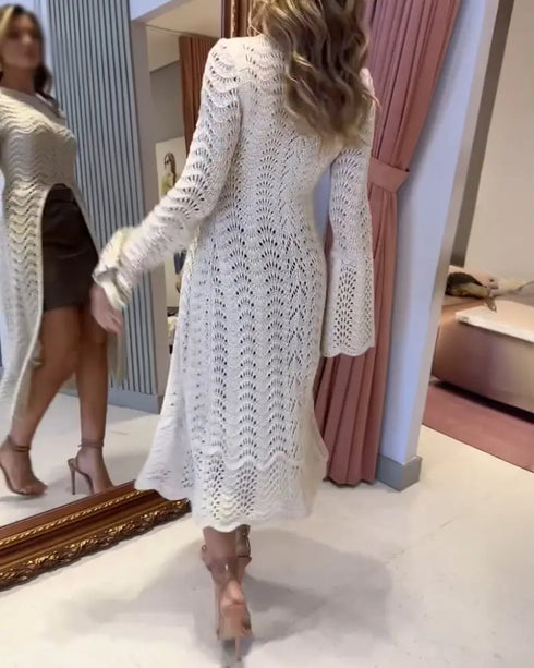 Round Neck Asymmetrical Hem Hollow Out Knitted Sweater Casual Scallop Trim Bell Sleeve Top Apricot