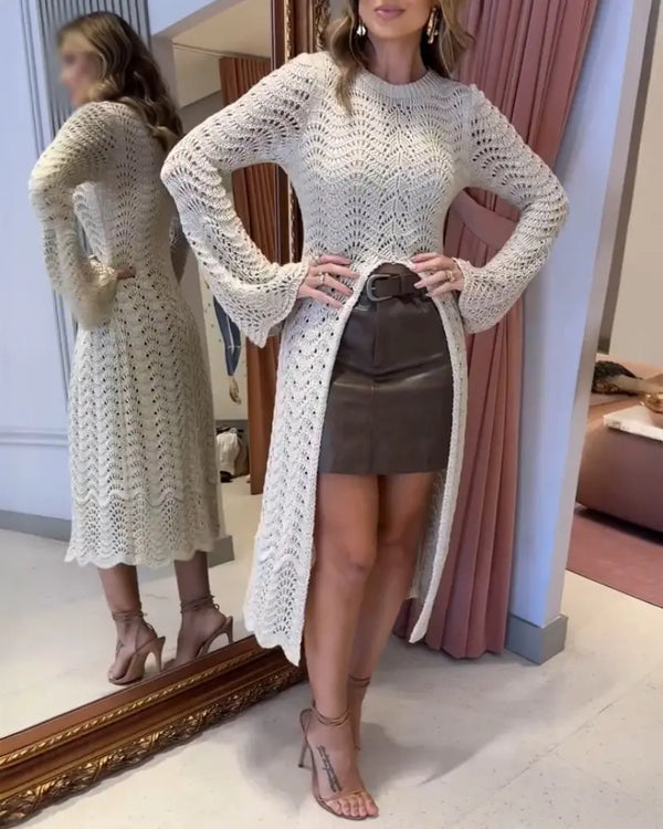 Round Neck Asymmetrical Hem Hollow Out Knitted Sweater Casual Scallop Trim Bell Sleeve Top Apricot