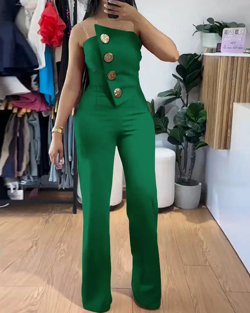 Asymmetrical Bandeau Strapless Jumpsuit Metal Button Decor Casual Overalls dark green