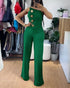 Asymmetrical Bandeau Strapless Jumpsuit Metal Button Decor Casual Overalls dark green