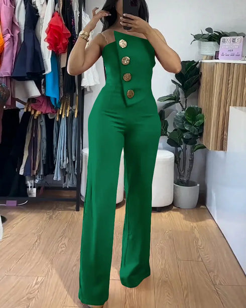 Asymmetrical Bandeau Strapless Jumpsuit Metal Button Decor Casual Overalls dark green
