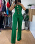 Asymmetrical Bandeau Strapless Jumpsuit Metal Button Decor Casual Overalls dark green