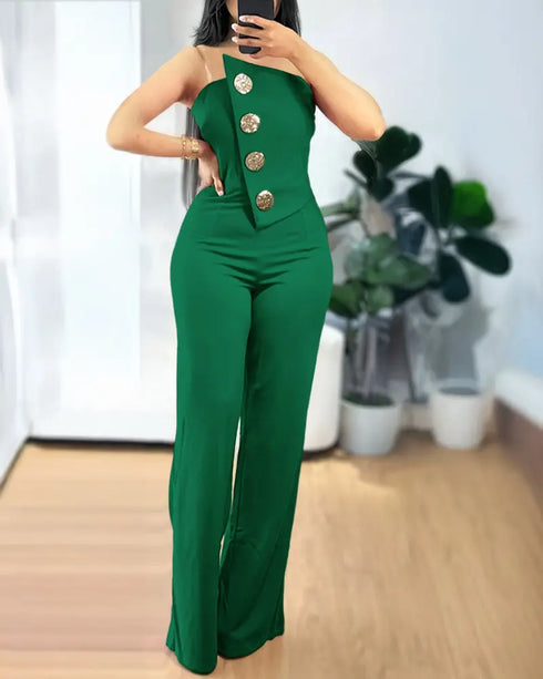 Asymmetrical Bandeau Strapless Jumpsuit Metal Button Decor Casual Overalls dark green