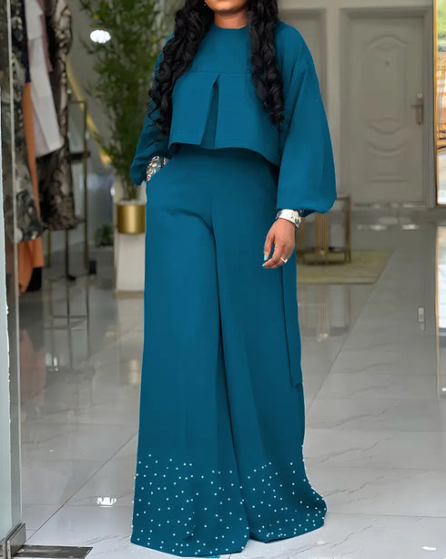 2 Pieces Outfit Lantern Sleeve Hollow-out Back High-Low HemTop and Casual Pearls Decor Elastic Back Waist Wide Leg Pants Set blue