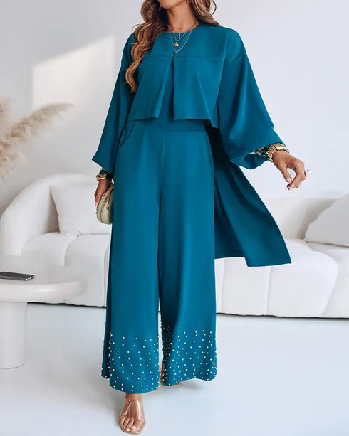 2 Pieces Outfit Lantern Sleeve Hollow-out Back High-Low HemTop and Casual Pearls Decor Elastic Back Waist Wide Leg Pants Set blue