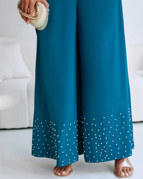 2 Pieces Outfit Lantern Sleeve Hollow-out Back High-Low HemTop and Casual Pearls Decor Elastic Back Waist Wide Leg Pants Set blue