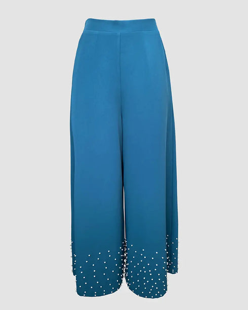 2 Pieces Outfit Lantern Sleeve Hollow-out Back High-Low HemTop and Casual Pearls Decor Elastic Back Waist Wide Leg Pants Set blue