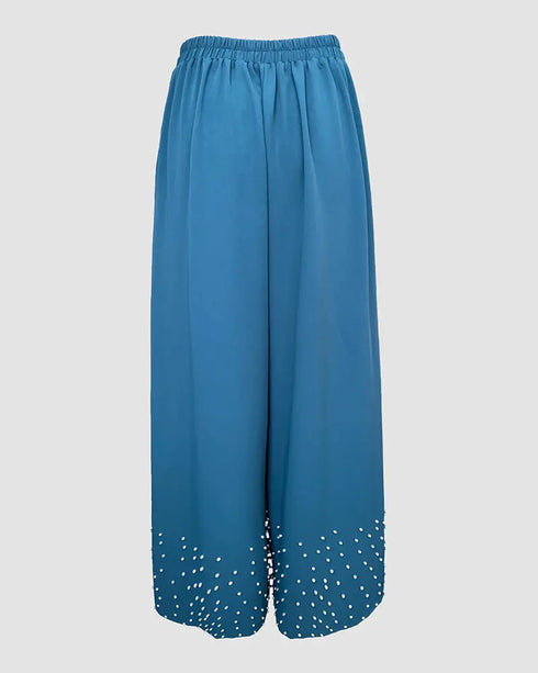 2 Pieces Outfit Lantern Sleeve Hollow-out Back High-Low HemTop and Casual Pearls Decor Elastic Back Waist Wide Leg Pants Set blue