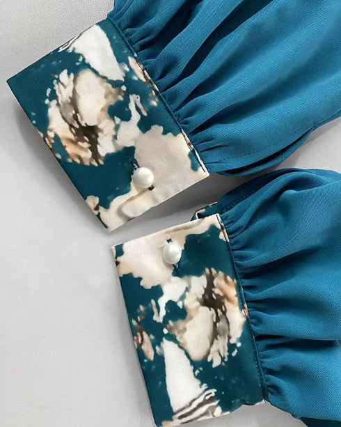 2 Pieces Outfit Lantern Sleeve Hollow-out Back High-Low HemTop and Casual Pearls Decor Elastic Back Waist Wide Leg Pants Set blue