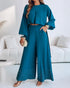 2 Pieces Outfit Lantern Sleeve Hollow-out Back High-Low HemTop and Casual Pearls Decor Elastic Back Waist Wide Leg Pants Set blue