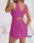 French Style Square Neck Backless Zipper Back Overalls Twist Back Ruched Slim Fit Slit Faux Two-Piece Skort Romper hot pink
