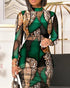 2 Piece Leopard Print Mock Neck Long Sleeve Mid-Calf Dress Sheer Mesh Party Dress with Short Pants green