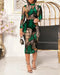 2 Piece Leopard Print Mock Neck Long Sleeve Mid-Calf Dress Sheer Mesh Party Dress with Short Pants green