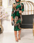 2 Piece Leopard Print Mock Neck Long Sleeve Mid-Calf Dress Sheer Mesh Party Dress with Short Pants green