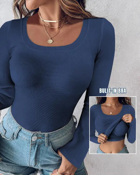 ChicMe Built-in Bra U-Neck Long Sleeve Ribbed Top purplish blue