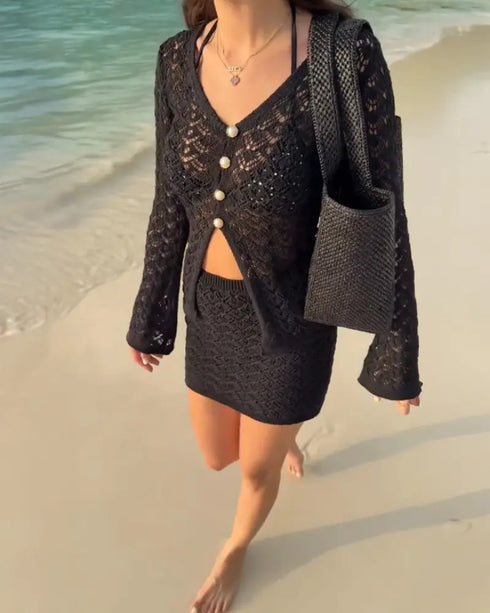 2 Pieces Outfit Deep V-Neck Flare Sleeve Half Pearl Button Front Slit Top and Elastic Waist Skirt Set Casual Slim Fit Knit Set black