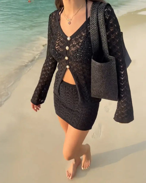 2 Pieces Outfit Deep V-Neck Flare Sleeve Half Pearl Button Front Slit Top and Elastic Waist Skirt Set Casual Slim Fit Knit Set black