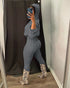 2 Pieces Outfit Long Sleeve Crop Drawstring Hoodie Top and Elastic Waist Slim Fit Pants Set Casual Cable Kint Set gray