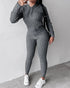 2 Pieces Outfit Long Sleeve Crop Drawstring Hoodie Top and Elastic Waist Slim Fit Pants Set Casual Cable Kint Set gray