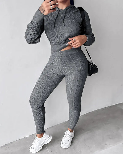 2 Pieces Outfit Long Sleeve Crop Drawstring Hoodie Top and Elastic Waist Slim Fit Pants Set Casual Cable Kint Set gray