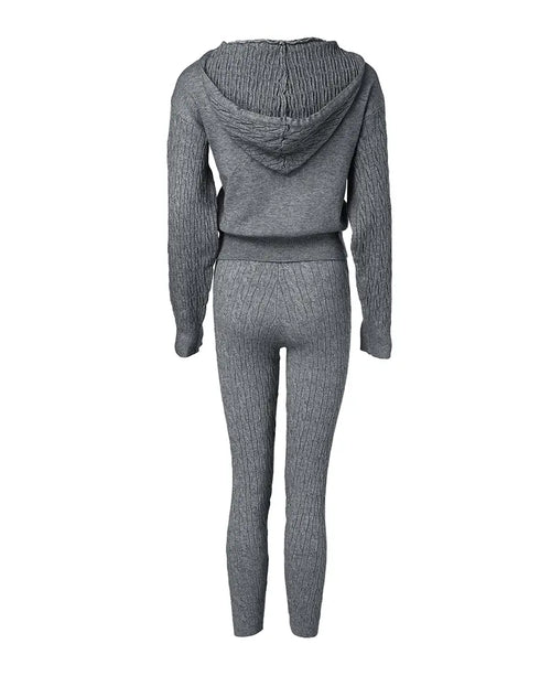 2 Pieces Outfit Long Sleeve Crop Drawstring Hoodie Top and Elastic Waist Slim Fit Pants Set Casual Cable Kint Set gray