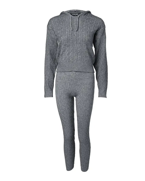 2 Pieces Outfit Long Sleeve Crop Drawstring Hoodie Top and Elastic Waist Slim Fit Pants Set Casual Cable Kint Set gray