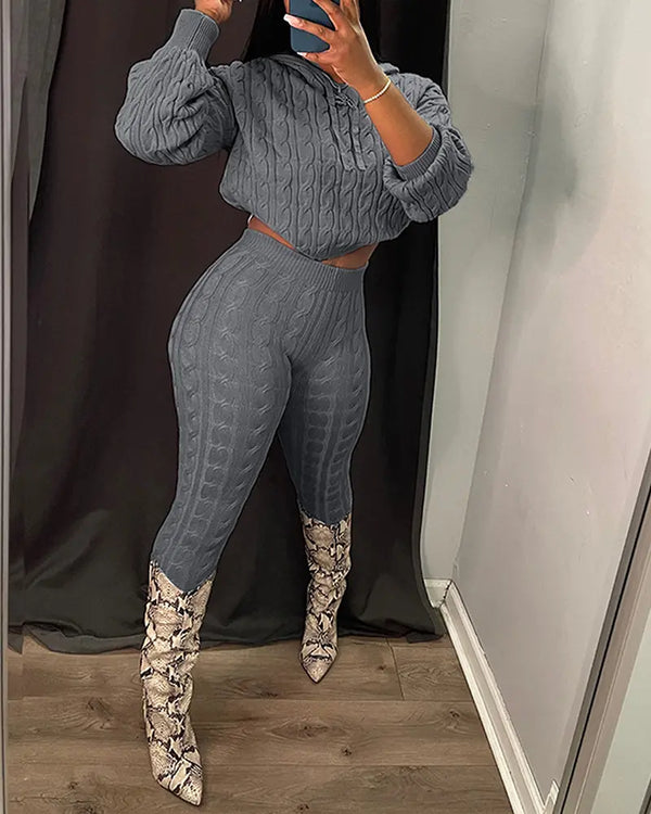2 Pieces Outfit Long Sleeve Crop Drawstring Hoodie Top and Elastic Waist Slim Fit Pants Set Casual Cable Kint Set gray