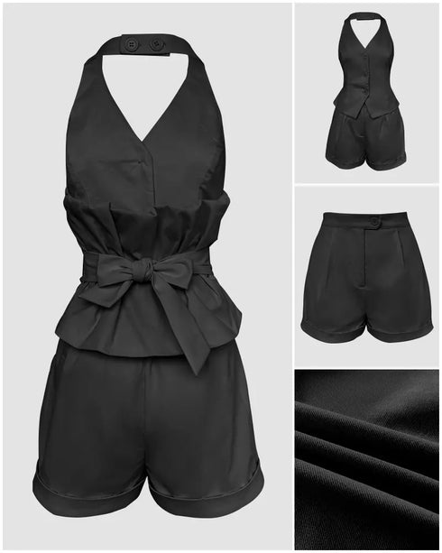 2 Pieces Outfit V-Neck Button Front Bow Tie Back Sleeveless Backless Top and Casual Elastic Back Waist Zipper Fly Shorts Set black